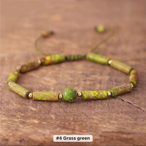 Unakite Jasper Stone & Gold Tone Beaded Bracelet w/Central Focal Bead, Adj